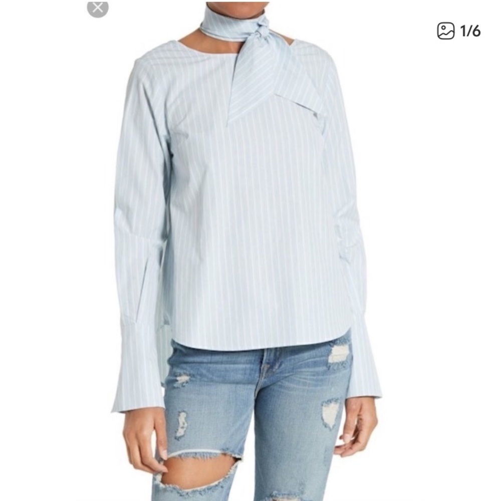 Frame Pale Blue and White Stripe Back Button Up Blouse with Tie